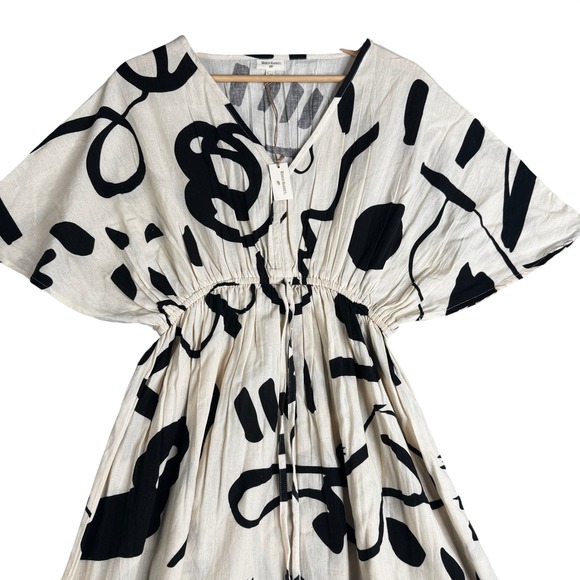 World Market Cotton Linen Abstract Graphic Maxi Kaftan Dress White Black S/M NWT - Picture 3 of 9